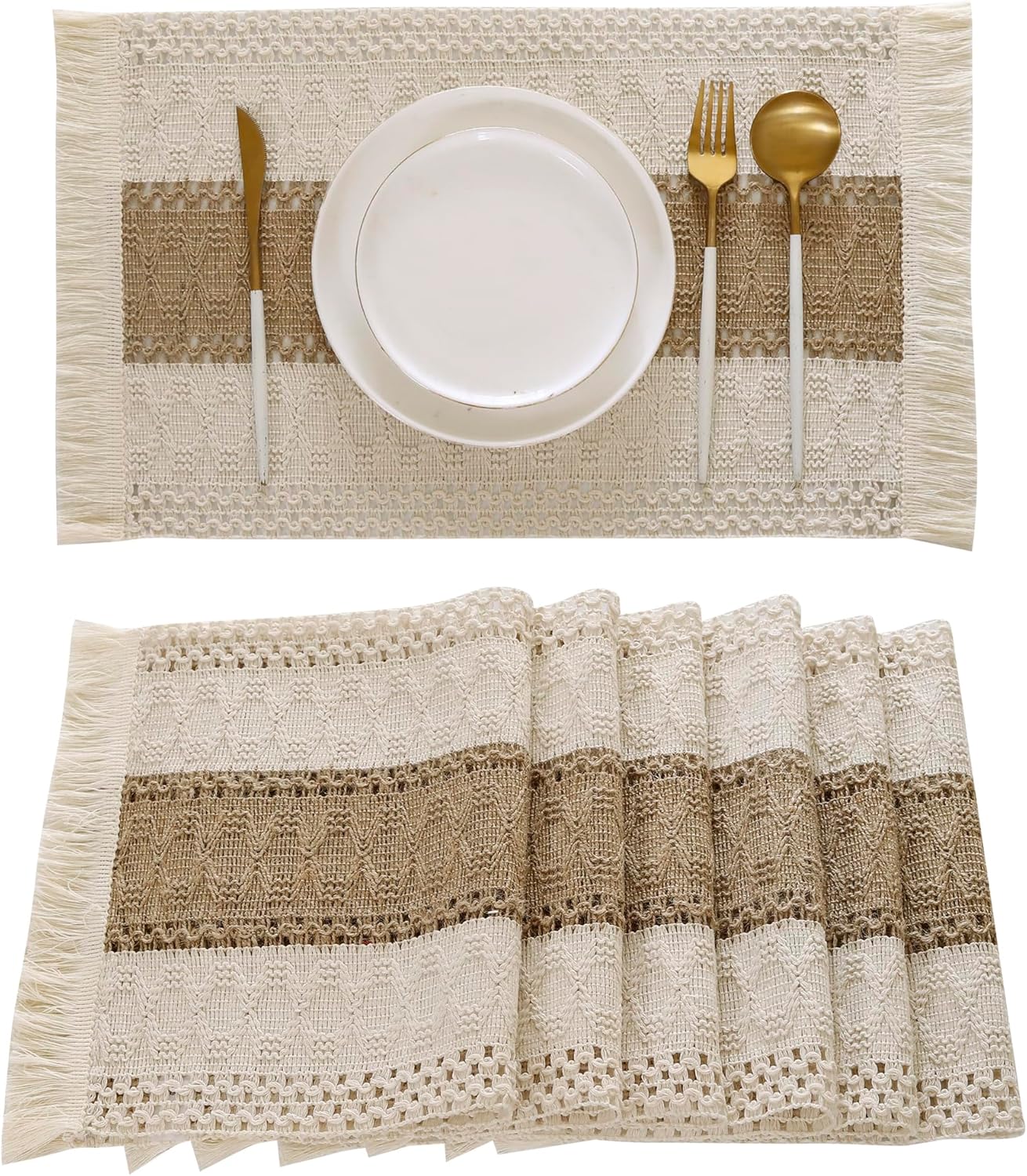 Bohemian table mats 6 piece set, with fringes of straw table decoration ...