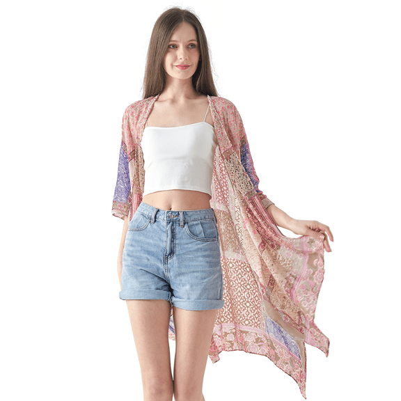 BohemyanRace Women's Coverups Burnt-out Velvet Cardigan Casual Outfit Long Cover Up Velvet Kimono (Pink Patch)