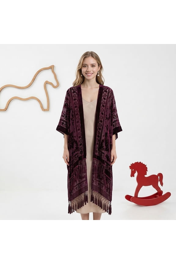 -Bohemian Burnt Plush Velvet Kimono Women's long Tassel Beach Cover-up Holiday Casual Cardigan Shawl (Burgundy)