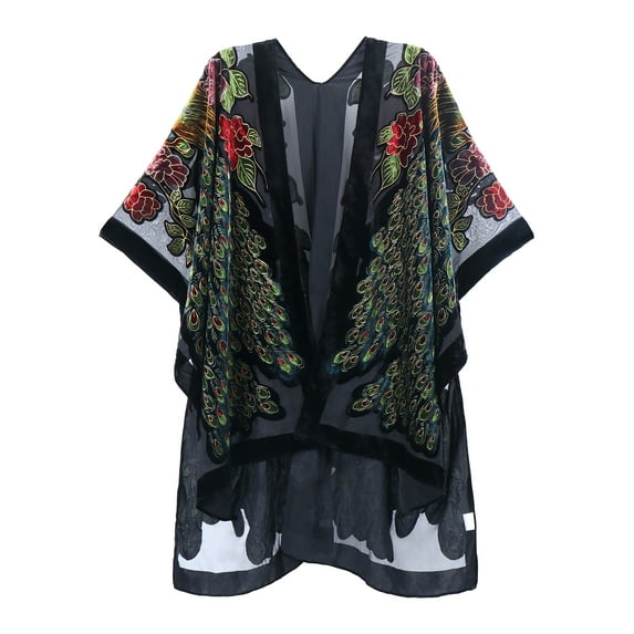 WeHello-Women's Coverups Burnt-out Velvet Cardigan Casual Outfit Long Cover Up Velvet Kimono(JYPF-27)
