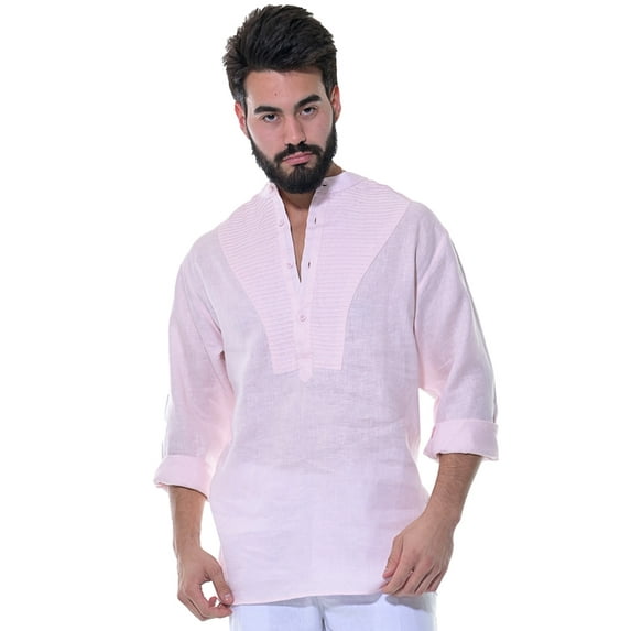 Bohio Men's 100% Linen Henley Long Sleeve Shirt w/Pin Tuck Placket-MLS1279