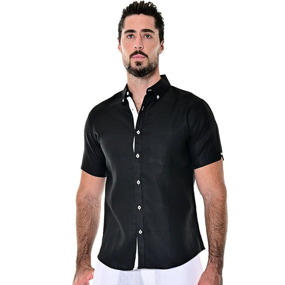 Bohio Men's 100% Linen Short Sleeve Shirt w/Pocket & Contrast Buttons in (2) Colors-MLS1554