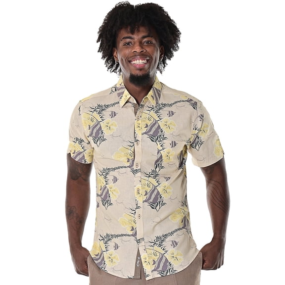 Bohio Men's Linen Button-Down Shirt w/Pocket Tropical Angel Fish Hibiscus Print Beige-MLSP1694
