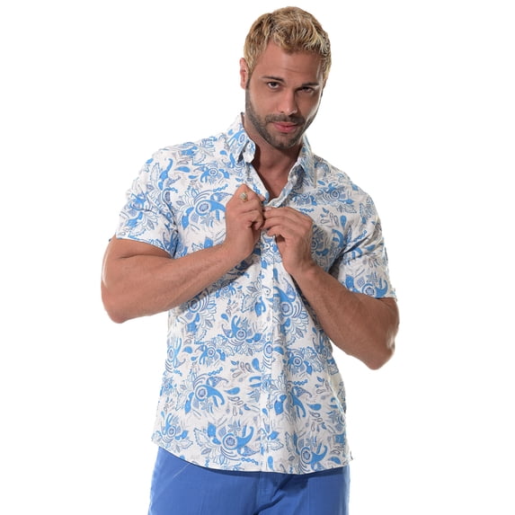 Bohio Men's Short Sleeve Linen Button Down Paisley Print Shirt w/Pocket-MLSP1193