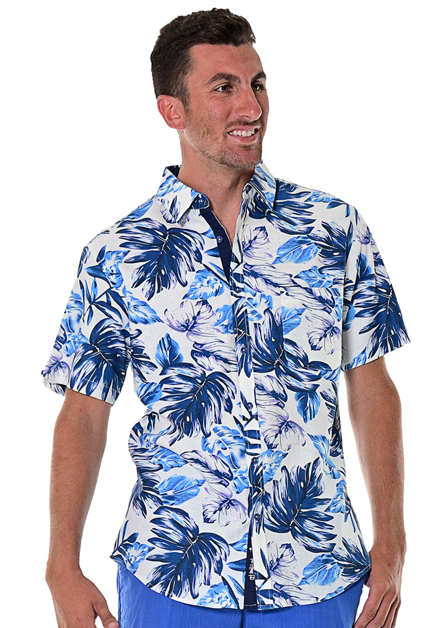 Bohio Men's Short Sleeve Linen Shirt w/Pocket Tropical Palms in White