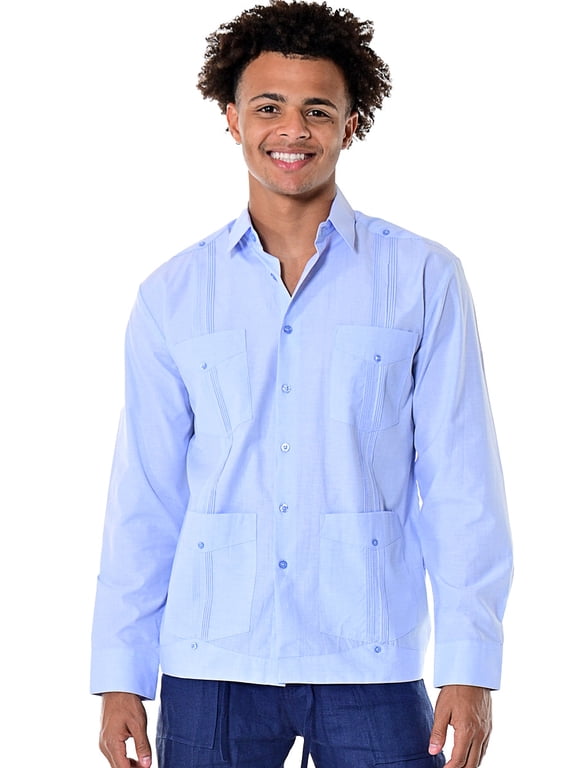 Cuban Guayabera Shirt Long Sleeves Traditional 4 Pocket (Men)