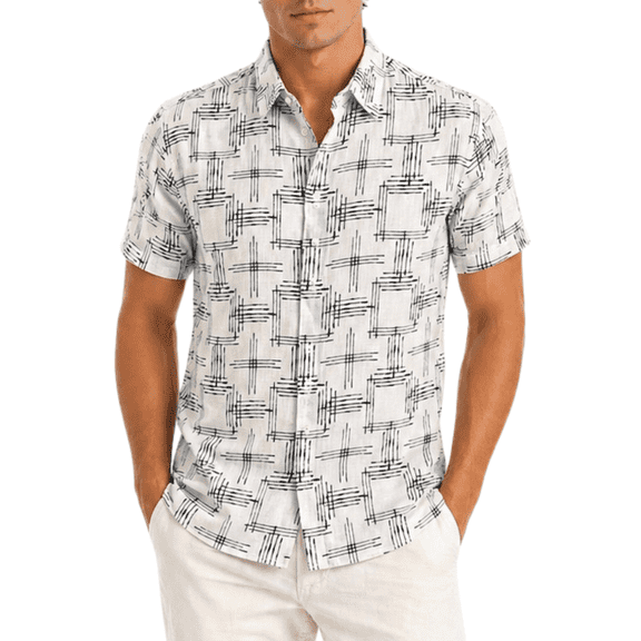 Bohio Short Sleeve Geometric Line Print 100% Polyester, Button-Up Shirts (Men's)