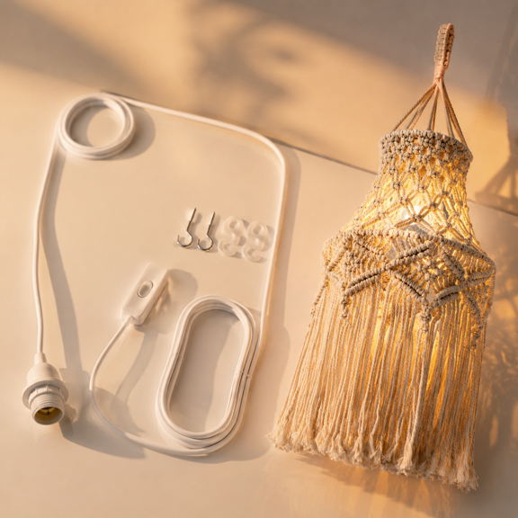 Boho-02 Plug In Pendant Light Macrame Cotton Rope Hanging Fixture