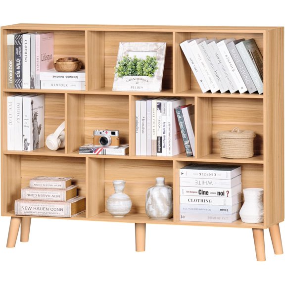 Boho 10-Cube Bookshelf, 3-Tier 55" Wide Mid-Century Wood Bookcase with Legs, Natural Storage Shelf for Living Room, Office, Bedroom