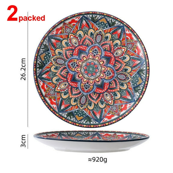 Boho 10" Shallow plate Set of 2 Colorful Ceramic Plate for Kitchen Perfect for Oatmeal Pasta Salad Dessert Fruit Microwave & Dishwasher Safe