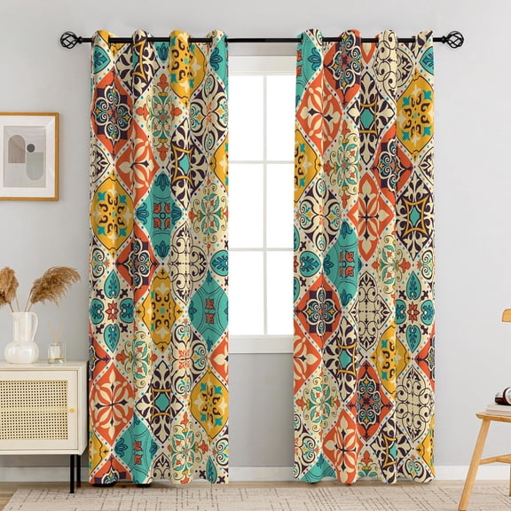 Boho 100% Blackout Curtains for Bedroom 63 inch Long 2 Panels Set Bohemian Colorful Mandala Thermal Insulated Room Darkening Window Drapes Patterned Black Out Curtains for Living Room, 52Wx63L