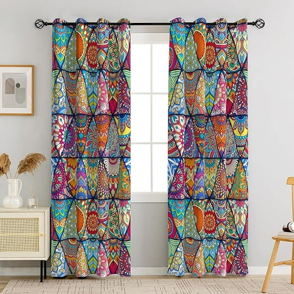 Boho 100% Blackout Curtains For Bedroom Colorful Bohemian Floral Thermal Insulated Room Darkening Window Drapes Blackout Curtains For Living Room 26"W x 45"L (Pack of 2)