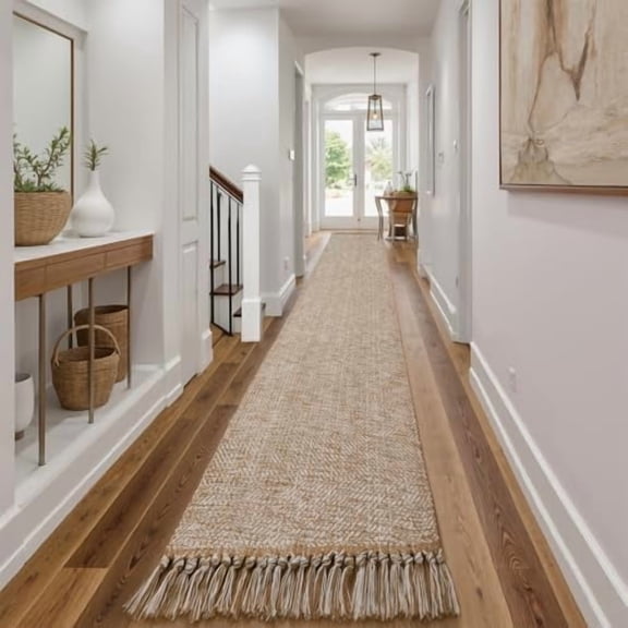 Boho 18 ft Long Runner Rug for Hallway, Washable Kitchen Runner, Cotton Hand-Woven Farmhouse Neutral Carpet Runners, Tan/Cream Low Pile Entryway Floor Runners for Bedroom