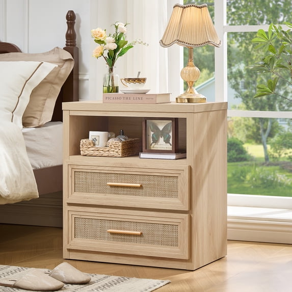 Boho 2 Drawers Rattan Farmhouse Nightstand, Rustic Bedside Table with Drawers for Bedroom, Vintage End Table with Open Shelf for Living Room, Natural