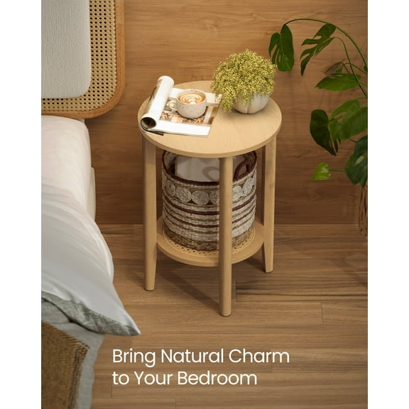Boho 2-Tier Round Side Table - Rattan-Look Nightstand with Storage Shelf for Bedroom/Living Room, Space-Saving, Oak Beige