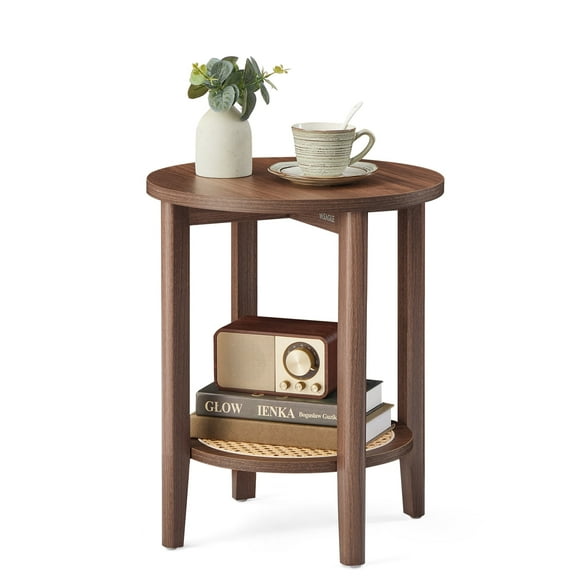 Boho 2-Tier Round Side Table - Rattan-Look Nightstand with Storage Shelf for Small Spaces, Black Walnut