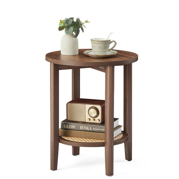 Boho 2-Tier Round Side Table - Rattan-Look Nightstand with Storage Shelf for Small Spaces, Black Walnut