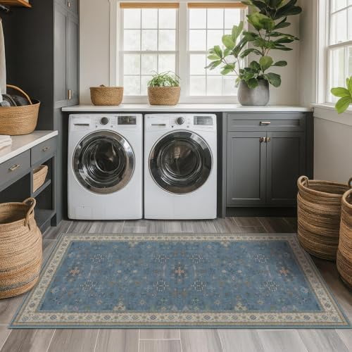 Boho 2x5 Kitchen Rugs Non Slip - Washable Blue Runner Rug for Bedroom Beside Bed, Laundry Room, Hallway, Non Slip with Rubber Backing, Floral Eclectic Unique Runner Décor