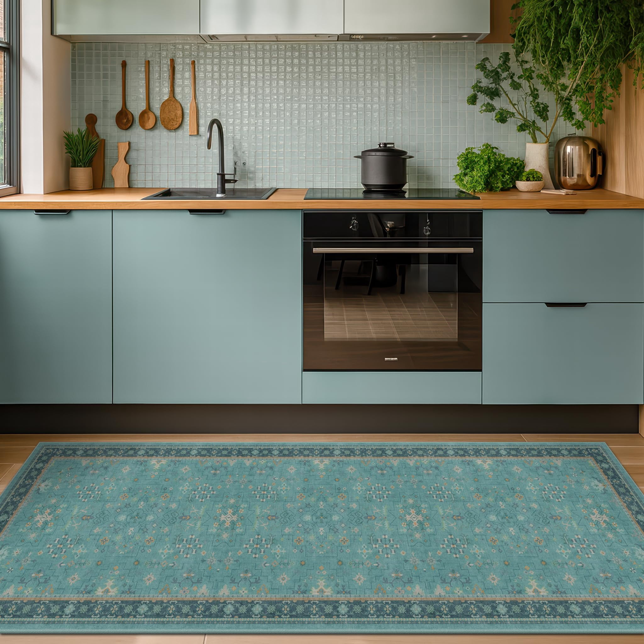 Teal Rug Kitchen Boho 2x6 Non Slip Kitchen Rug Runner - Teal Washable For Bathroom ...