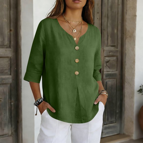 Boho 3/4 Sleeve Button Down Shirts Womens Cotton Linen Half Sleeve Tops V Neck Casual Loose Fit Blouses Army Green M