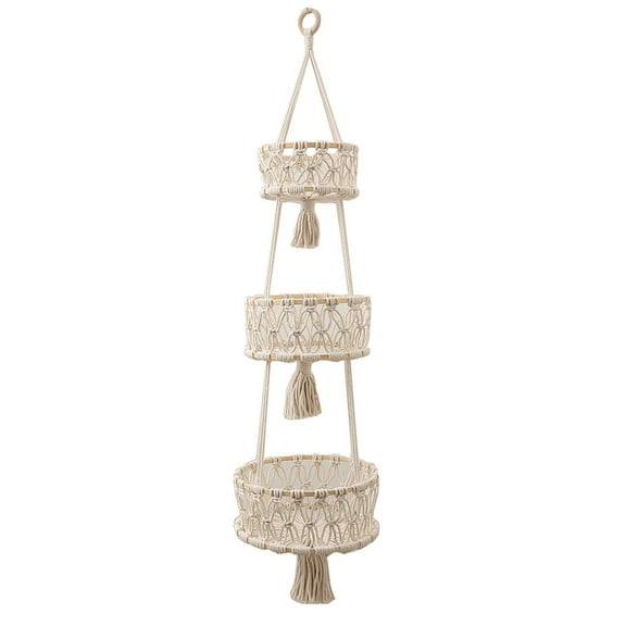 Boho 3 Tier Hanging Fruit Basket Woven Macrame Tassel Plant Holder Organizer