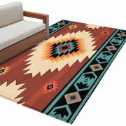 Boho 3'x5' Washable Rug, Brown Turquoise Abstract Tribal Ethnic Geometric Non-Slip Area Rugs for Entryway Kitchen Classroom, Dorm Throw Carpet, Low Pile Soft Indoor Floor Mat