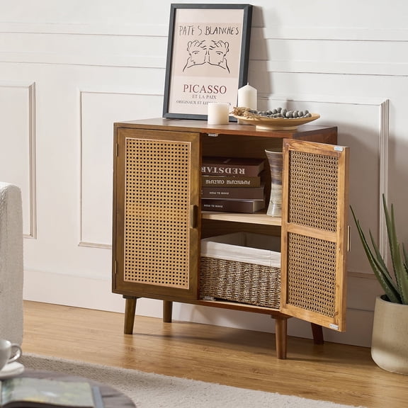 Boho 31" Rattan 2 Doors Sideboard Wooden Storage Cabinet Credenzas Buffet Home Walnut