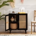 thumbnail image 1 of Boho 31" Rattan 2 Doors Sideboard Wooden Storage Cabinet Credenzas Buffet Home Black, 1 of 8