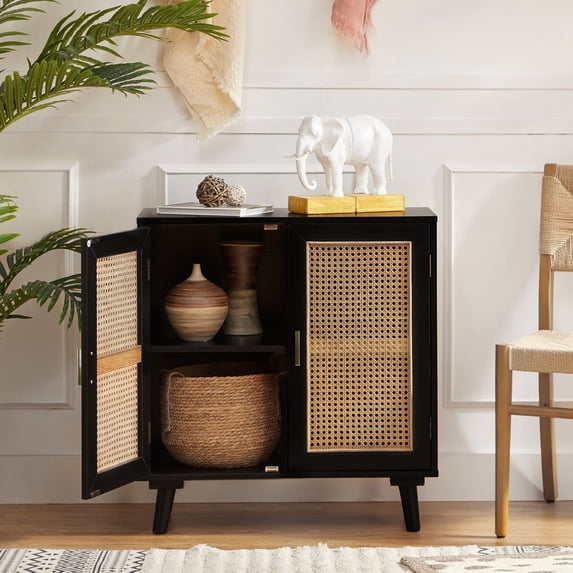 Boho 31" Rattan 2 Doors Sideboard Wooden Storage Cabinet Credenzas Buffet Home Black
