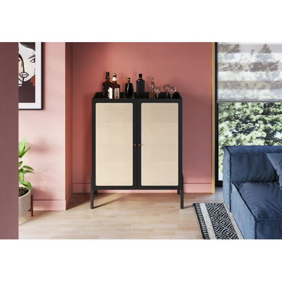 Boho 36.6" Sideboard with Wood Legs, 2 Rattan Door Cabinet – Elegant Storage Solution, Nero Black