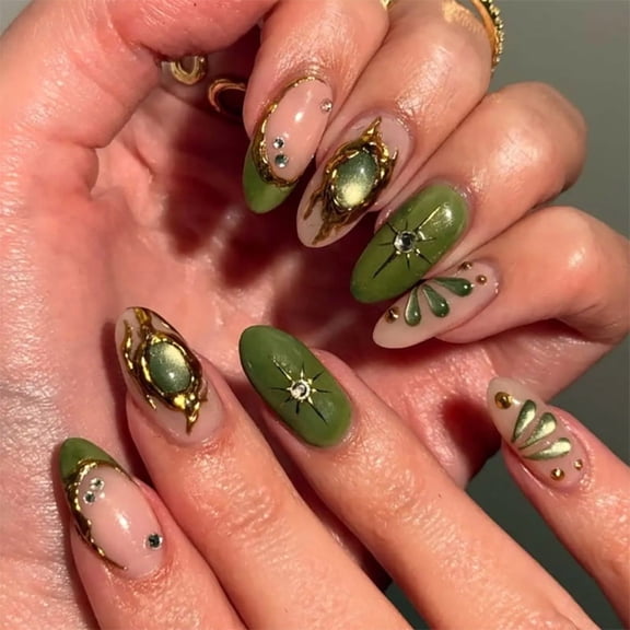 Boho 3D Embossed Press On Nails, Luxury Almond Shaped Reusable False Nail Tips for Women