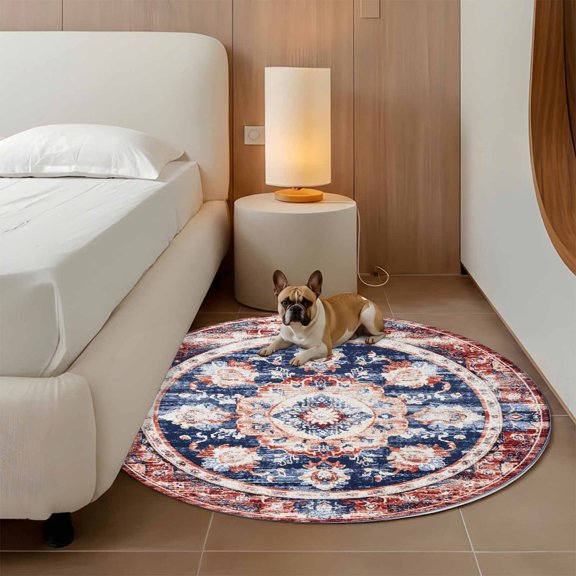 Boho 3ft Round Rug for Bathroom Accent Bedside Corner, Floral Washable Non Slip Circle Area Rug for Small Spaces