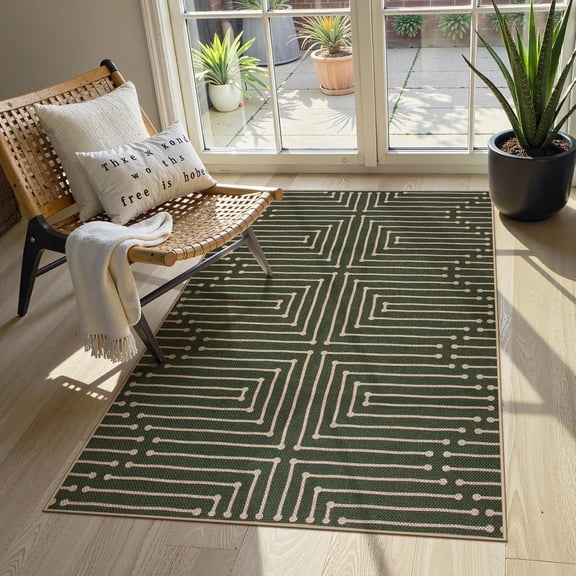 Boho 3x5 Easy Jute Rugs for Entryway, Non Slip Green Area Rug, Maze Lines Modern Washable Rugs for Bedroom, Low Pile Indoor Outdoor Carpet for Deck Porch Backyard