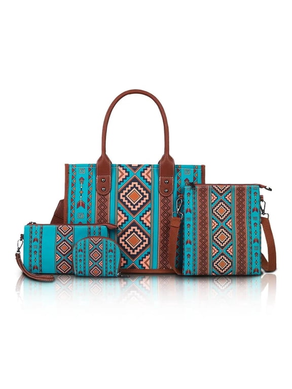 Boho 4-Piece Handbag Set for Women, Canvas Tote Purse with Crossbody Bag & Card Holder, Aztec Geometric Print Shoulder Bag, Lightweight Casual Daily Hobo for Travel Work (495g)