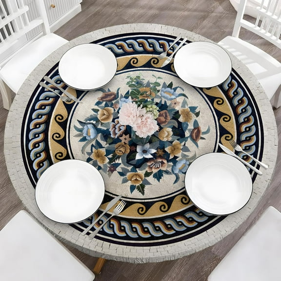 Boho 48 Inch Round Fitted Cloth Tablecloth with Elastic Edged, Waterproof Oil Proof Wipeable Table Cover for Indoor Outdoor Patio Table, Fits Round Tables Up to 46" - 50" Diameter