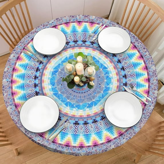 Boho 48 Inch Round Fitted Cloth Tablecloth with Elastic Edged, Waterproof Oil Proof Wipeable Table Cover for Indoor Outdoor Patio Table, Fits Round Tables Up to 46" - 50" Diameter