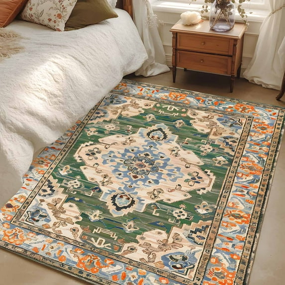 Boho 4x6 Area Rugs, Green Brown Ethnic Tribe Abstract Vintage Western Non-Skid Rubber Backing Large Rectangle Rugs - Living Room Bedroom Home Office, Indoor Floor Mat Carpets Washable Rug