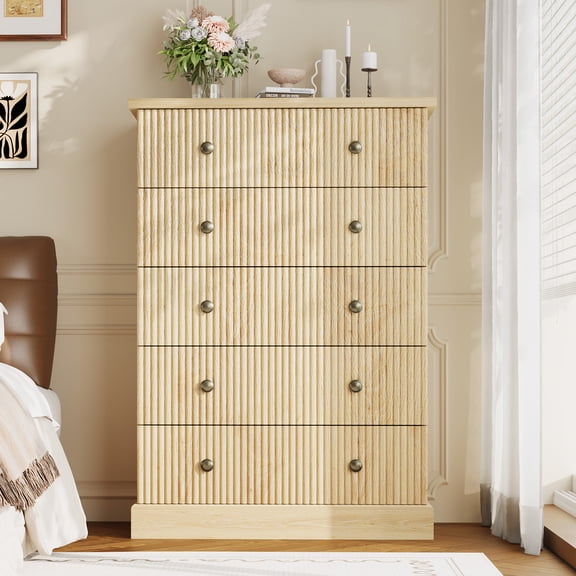 Boho 5 Drawer Dresser, Fluted Drawer Dresser with Anti Drop Design for Bedroom and Living Room