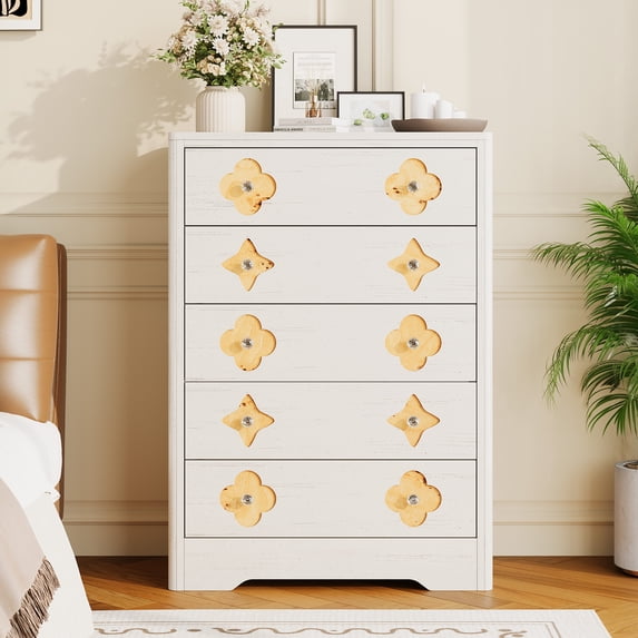 Boho 5-Drawer Rattan Dresser – Tall White Wooden Storage Cabinet with ...