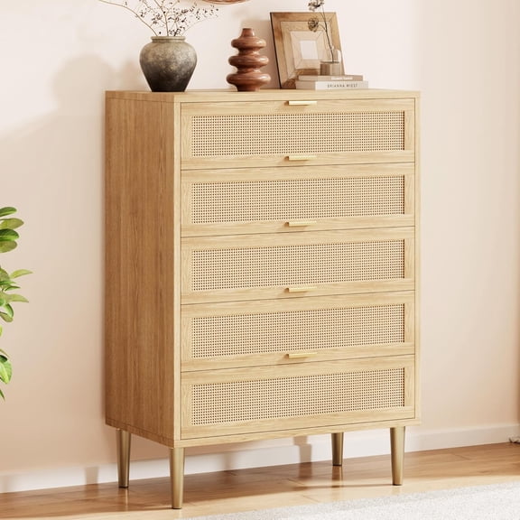 Boho 5-Drawer Tall Dresser with Rattan Panels, Wood Frame & Metal Handles, Spacious Storage for Bedroom or Living Room,Natural