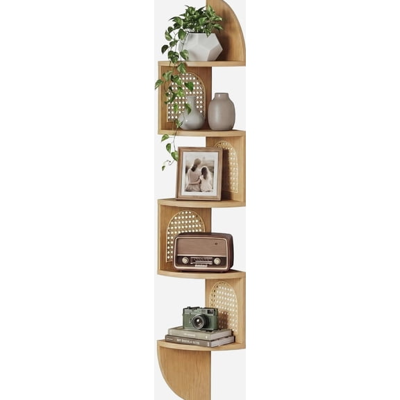 Boho 5-Tier Floating Corner Shelves, Wall Mount Zigzag Rattan Wood Storage, 55 Lbs, for Living Room