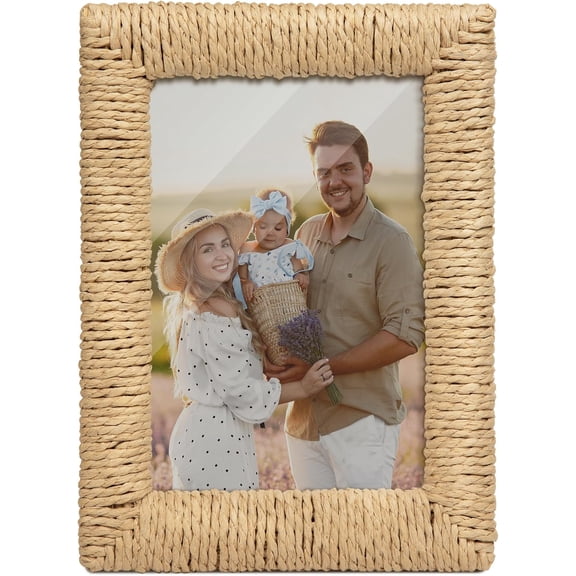 Boho 5x7 Picture Frame, Natural Boho Rattan Photo Frame with Real Glass Paper Rope for Wall and Tabletop Display Gift for Mom Grandma Family Friends