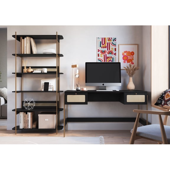 Boho 6-Tier Bookcase in Nero Black with Iron Gold Legs and Rattan Accent, 70.9" Tall Wooden Bookshelf, Modern Rustic Home Decor and Storage, Nero Black