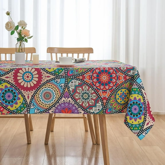 Boho 60x120 Tablecloth Rectangle Boho Circle Pattern Table Cloth - Oblong Colorful Polyester Bohemian Seasonal Table Cover Washable Waterproof for Party Picnic Kitchen Dining Indoor Outdoor Décor