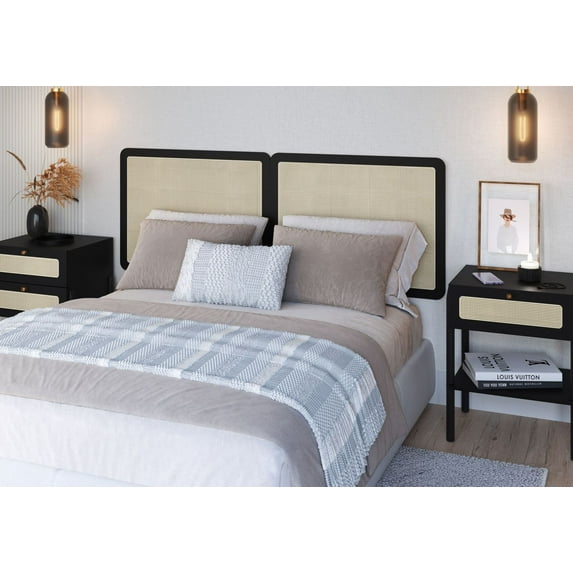 Boho 64" Rattan Wall Mount Headboard - 2 Panel Full/Queen, Nero Black