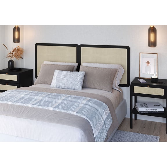 Boho 64" Rattan Wall Mount Headboard - 2 Panel Full/Queen, Nero Black