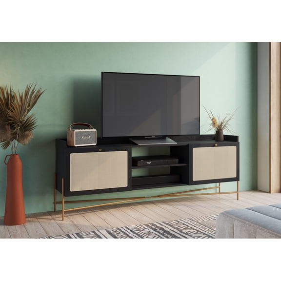 Boho 72" Tv Stand for up to 80" Tv's Iron Gold Legs and Rattan 2 Door-Nero Black