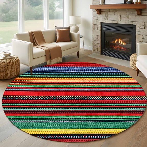 Boho 7FT Round Area Rugs for Living Room Bohemian Colorful Stripes Retro Abstract Rainbow Ultra-Thin Non-Slip Round Rugs Machine Washable Low Pile Circle Carpet for Bedroom Kitchen Nursery