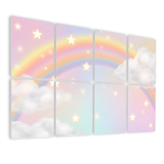 Boho 8 Pack Art Acoustic Panels Sound Absorbing Pastel Rainbow Stars Soft Clouds Decorative Soundproof Wall Panels Self Adhesive for Nursery Game Room Bedroom 48"x32"