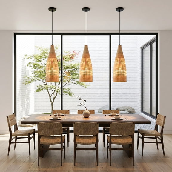 Boho 9" Natural Handwoven Bamboo Pendant Light, Dimmable, Adjustable Height, Beige